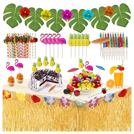 URBZUE Hawaii Party dekorationsset, tropisk fest dekorationsset, Hawaii Luau bordskjol, palmblad, ananas flamingo paraply frukt halm kombination för BBQ trädgård sommar tiki festdekoration