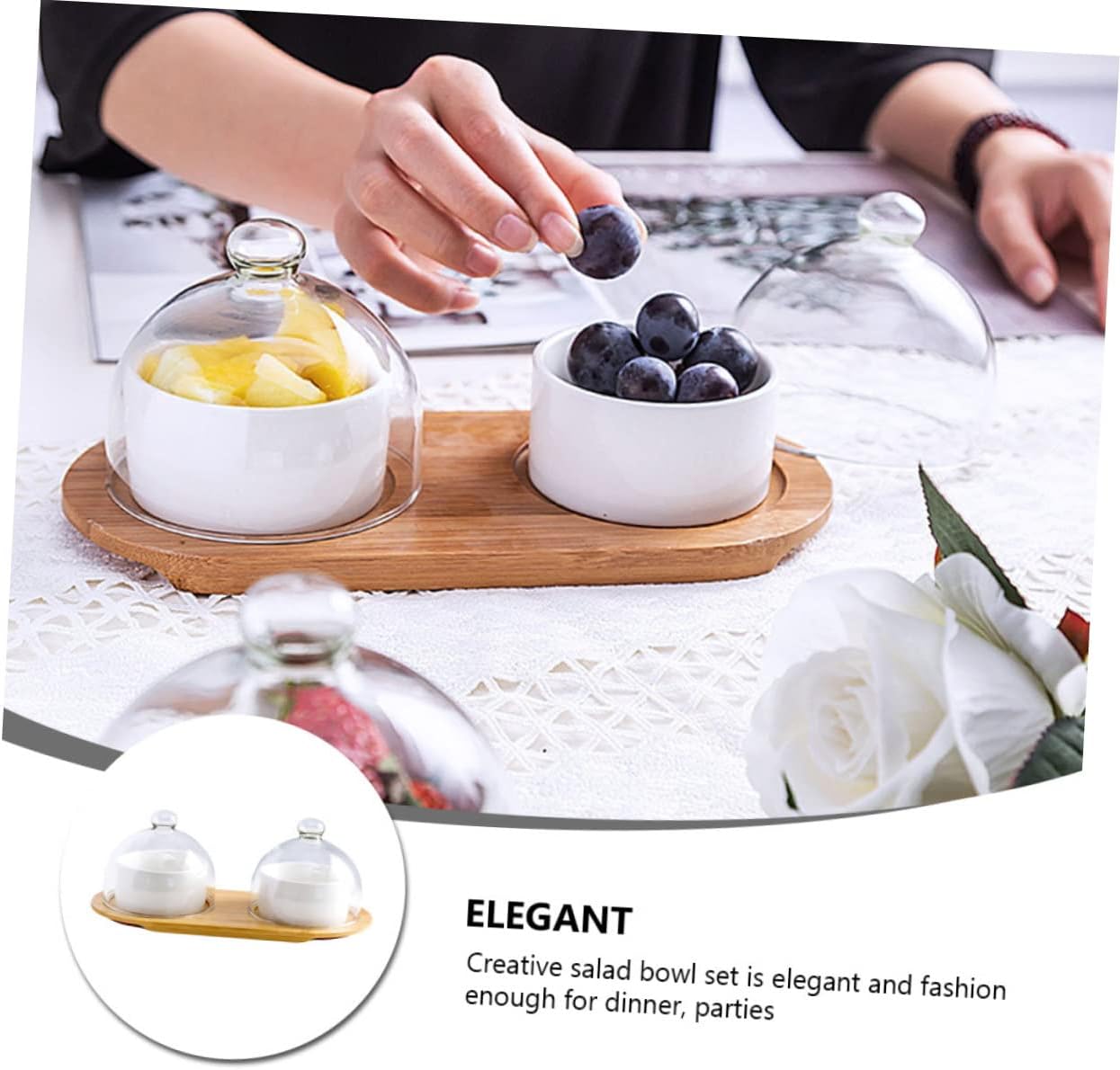 VALICLUD Ceramics Dessert Bowl with Transparent Glass Lid and Tray Food Serving Bowls for Salad Fruit and Desserts Stylish Home and Restaurant Tableware