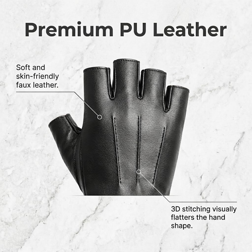 Gants Demi-Doigts en Cuir PU Noir Homme Femme Mitaines Sport Respirantes Conduite Cyclisme Entrainement Paume Antiderapante Taille M