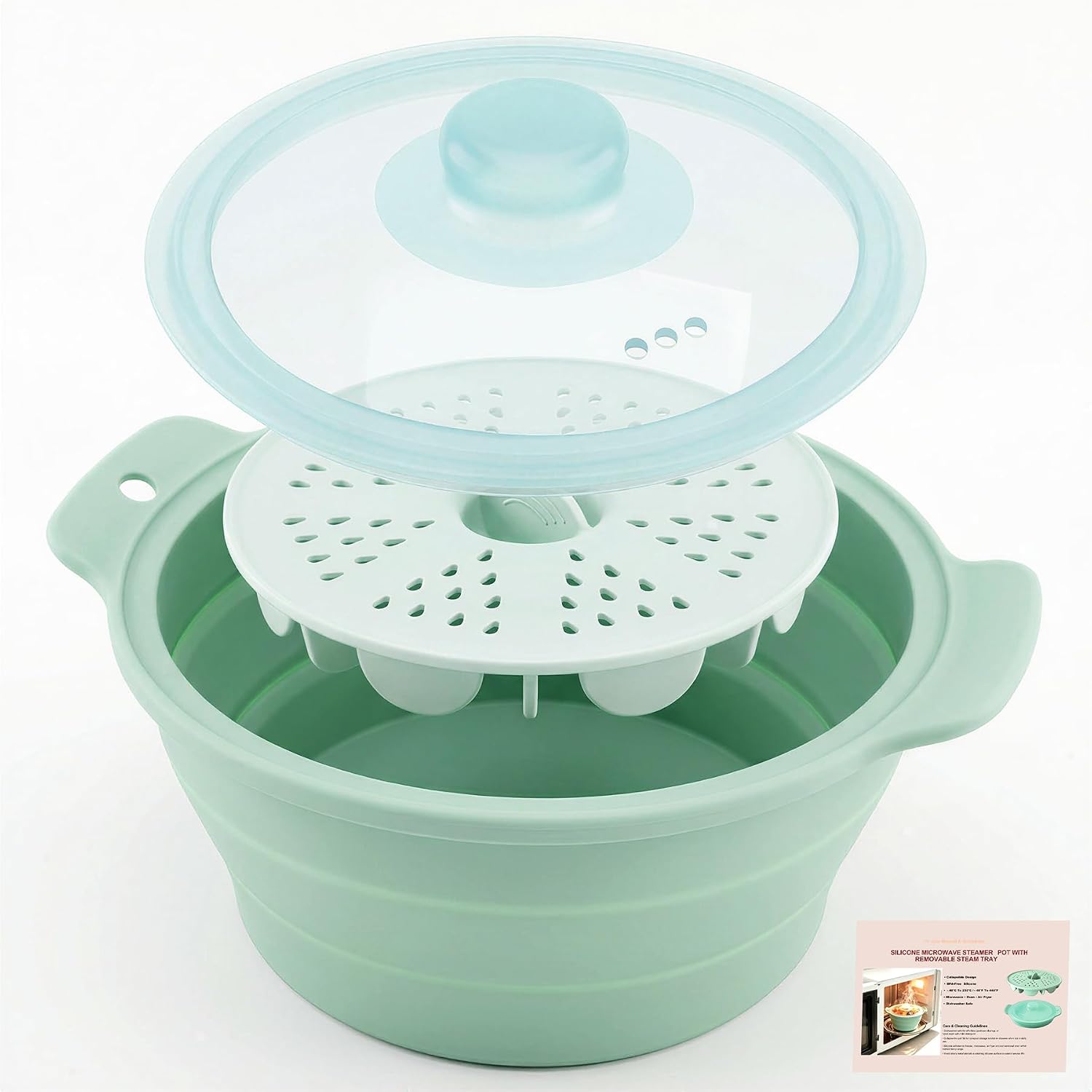 Silicone Microwave Steamer, Collapsible Microwave Vegetable Steamer with Detachable Steam Tray, 42oz Large Capacity for Cooking Fresh & Frozen Veggies Dumplings Buns, Dishwasher Safe