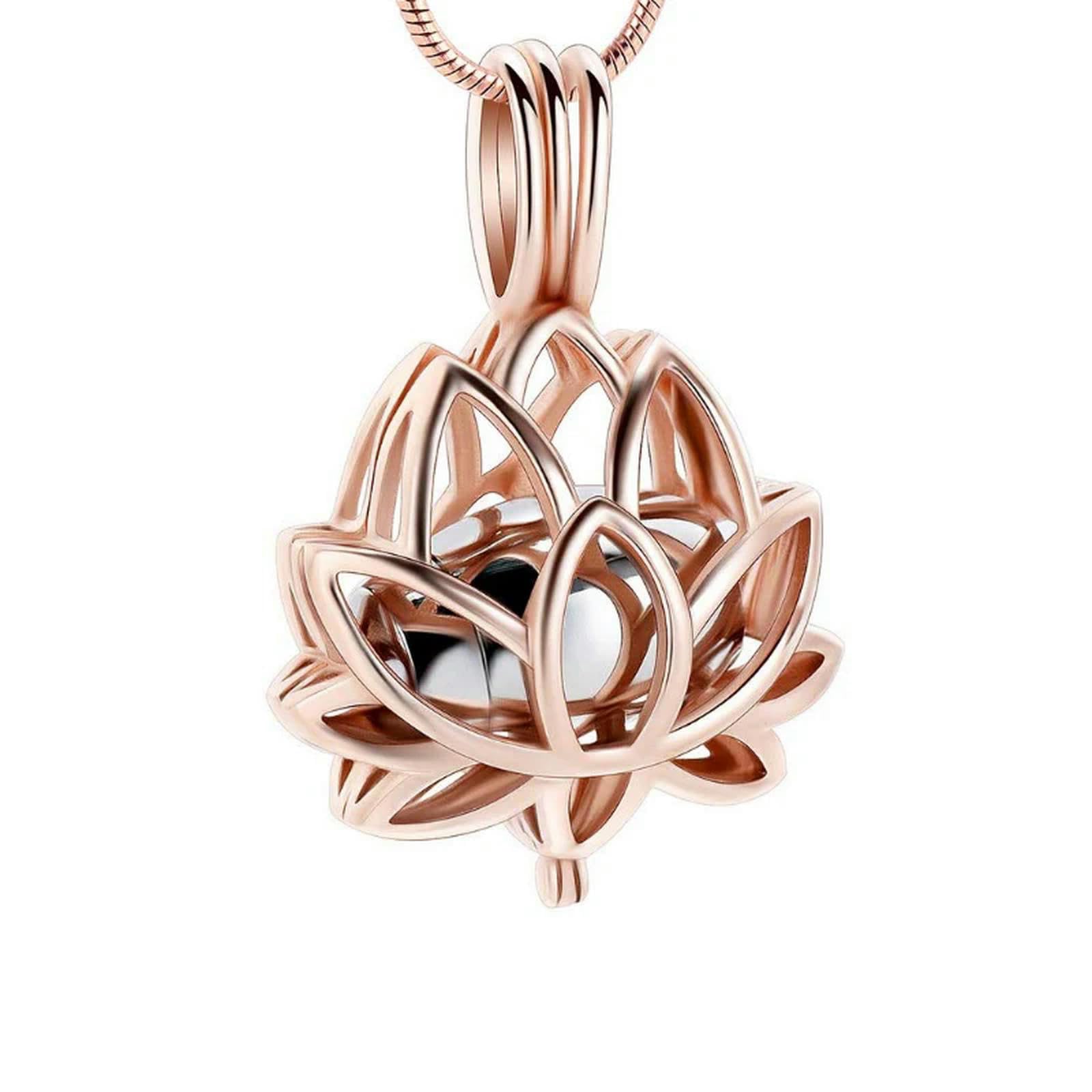 Collar urna de acero inoxidable con flor de loto dorada para guardar cenizas de cremación