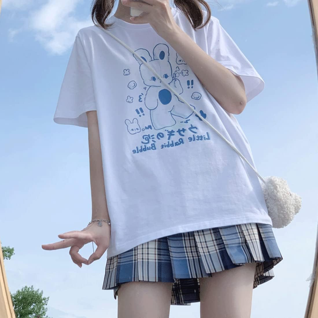 Japanese Harajuku Kawaii Goth Casual Style Loose Crewneck Cute Cartoon Little Rabbit Bubble Print T-Shirt - Image 6