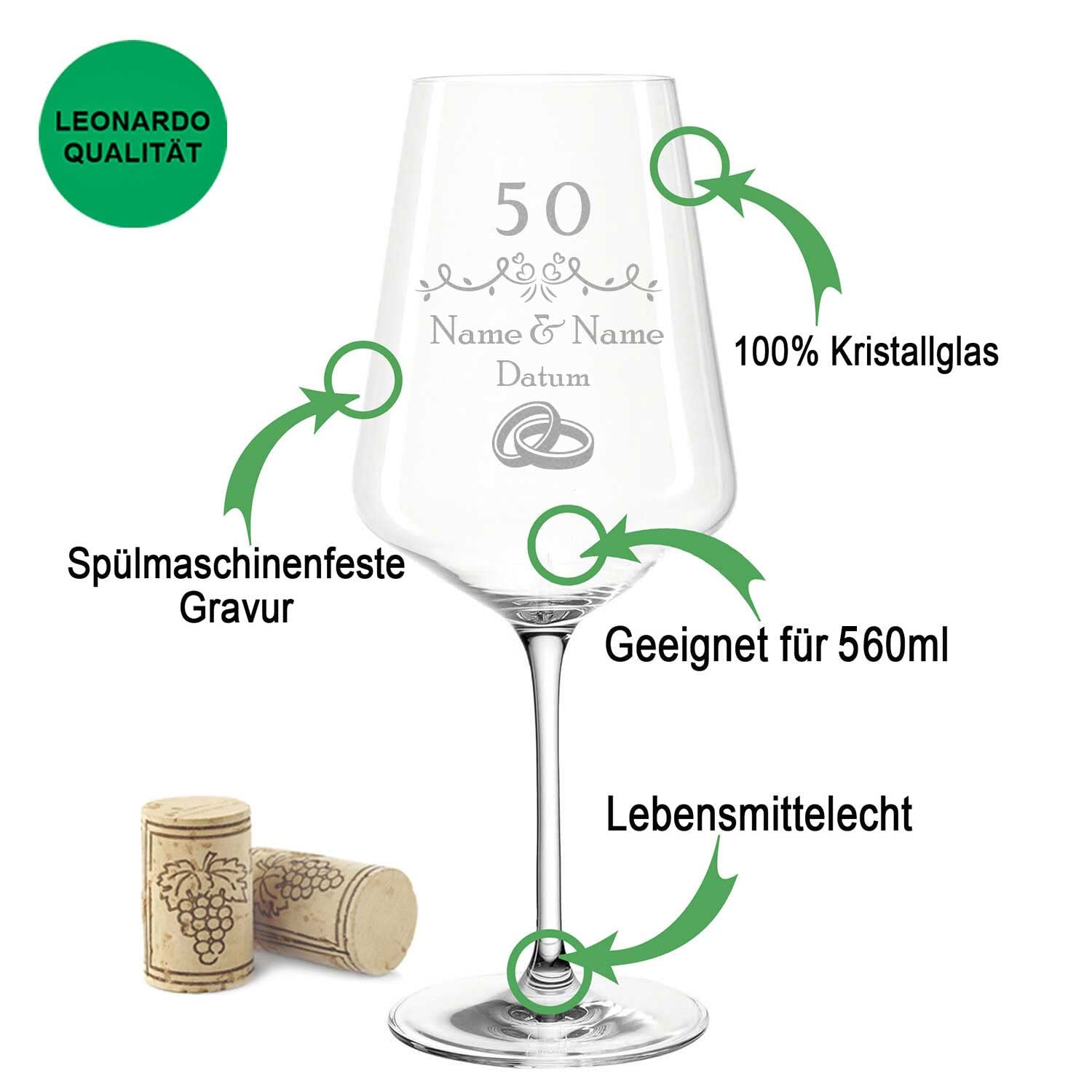 GRAVURZEILE Leonardo Puccini Weingläser mit Gravur - Goldene Hochzeit Design - Personalisiert mit Namen & Datum inkl. Holzkiste - Geschenk zur Hochzeit Verlobung Jahrestag - Farbe: Große Kiste UV