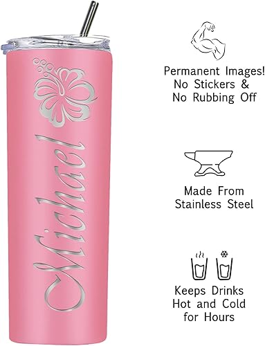 Miniatura 4 de Vaso delgado personalizado con tapas y pajitas, vaso aislado personalizado de 20 onzas con grabado láser, vasos de acero inoxidable con nombre para