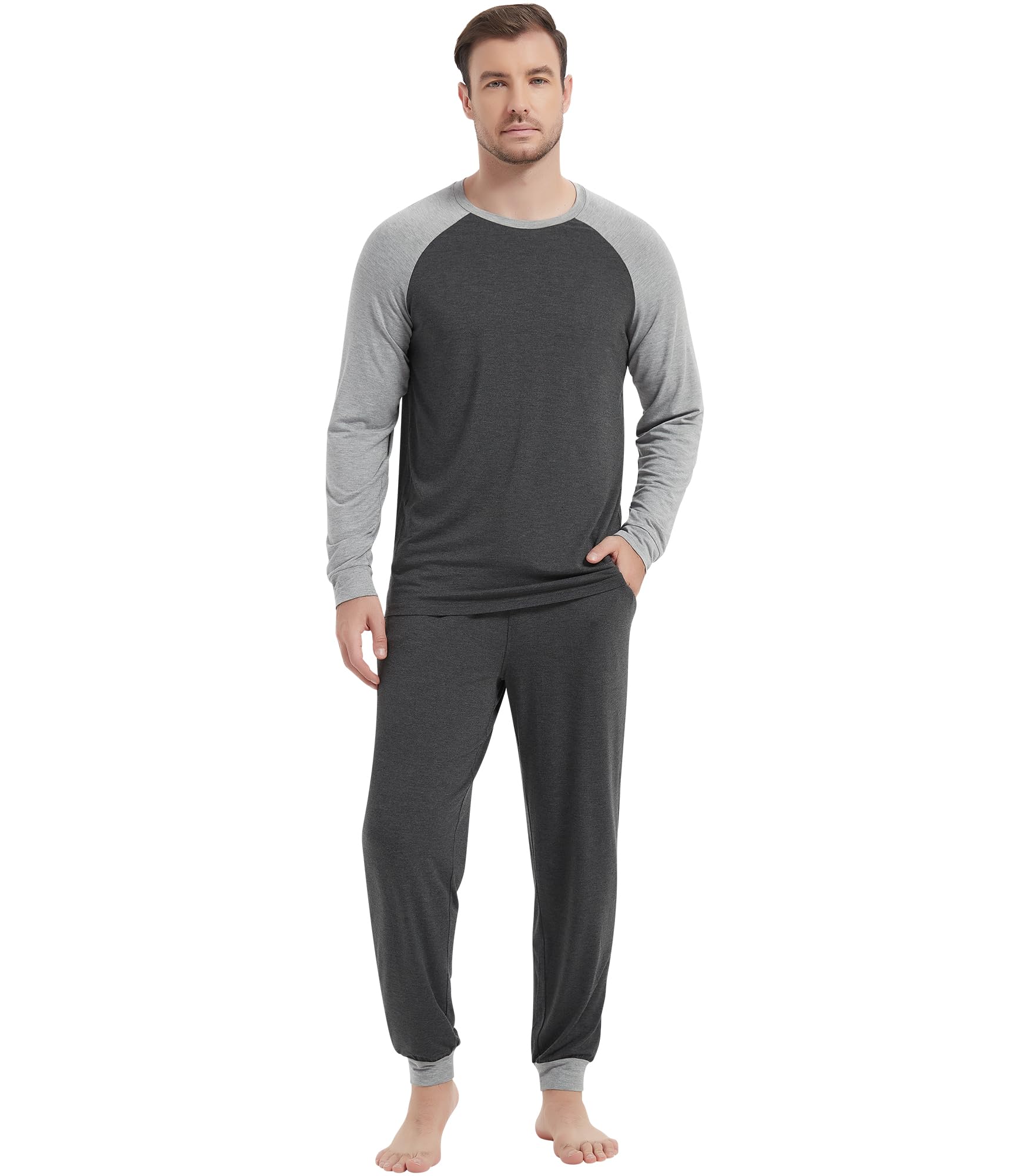 NACHILA Pajamas for Men-Viscose Made from Bamboo, Long Sleeve Pajamas Set Comfy Sleepwear Pants Soft V Neck Pjs with Pockets