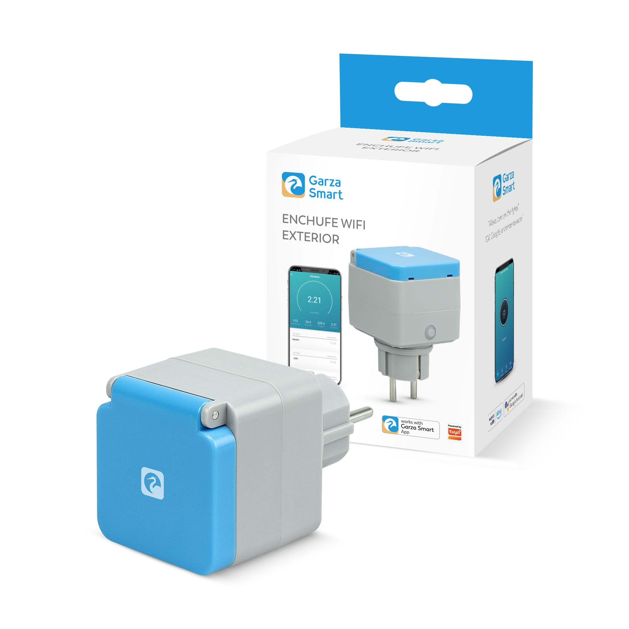 Garza - Enchufe Exterior WiFi, IP44 Resistente al Agua, Control por Voz Alexa y Google, Medidor de Consumo, Temporizador, 3680W, App Móvil, Dual Band 2.4/5GHz, Bluetooth, 3 Años Garantía