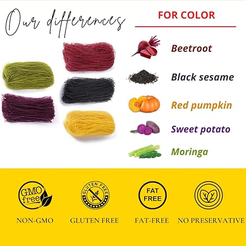 Miniatura 4 de TANISA 3 paquetes de fideos de arroz Vercimelli vegetales, 5 colores naturalmente vegetales, fideos de arroz finos, fideos sin gluten, sin OMG, sin