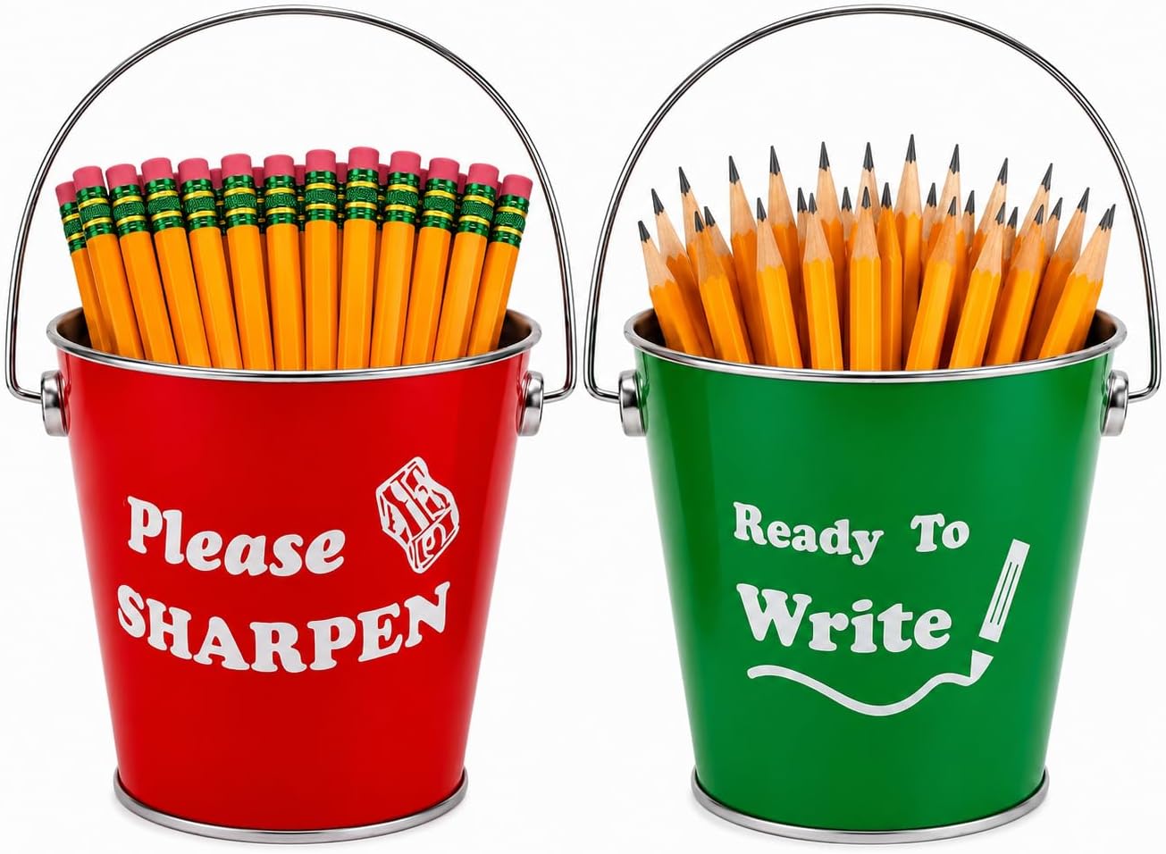 4E's Novelty Sharp and Dull Pencil Buckets - Set of 2 Metal Tin Pails, Back to School Teachers Classroom Management Organization Supplies