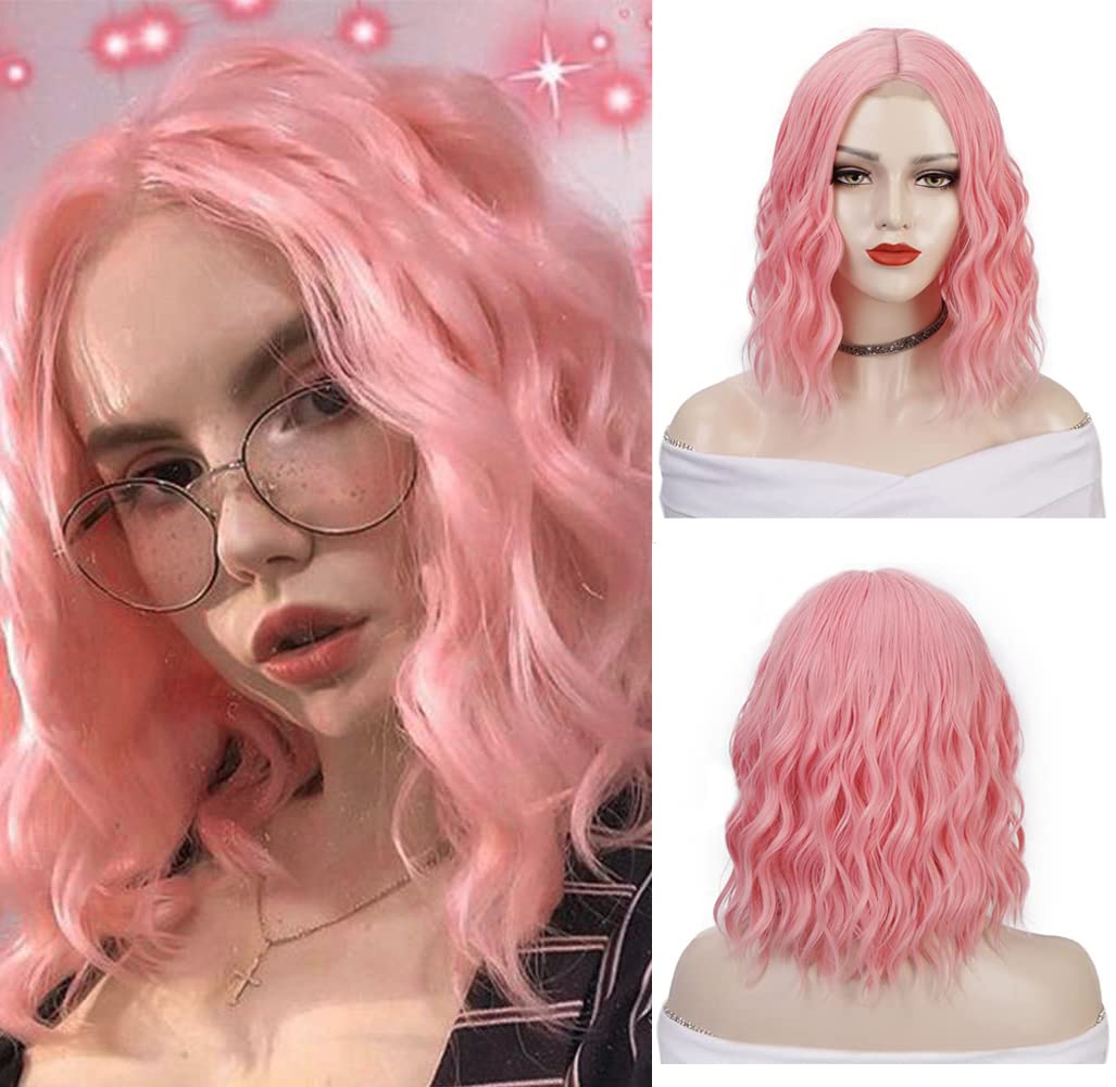 Airimori Dark Brown Short wavy wigs for women loose wave bob wig Middle Part Lace Front Wig For all Skin Shoulder Length wigs 15.7 inches