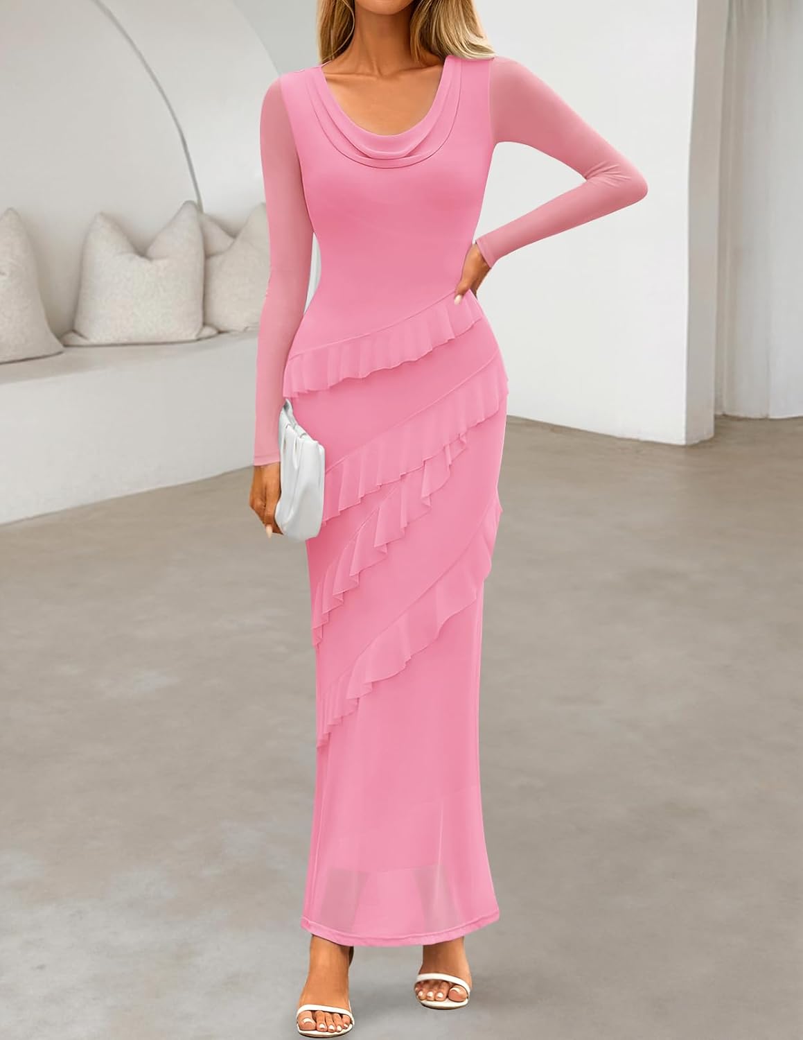 MEROKEETY Women's Fall Floral Long Sleeve Maxi Dress 2026 Cowl Neck Wedding Guest Ruffle Mesh Cocktail Bodycon Formal Dresses - Image 4