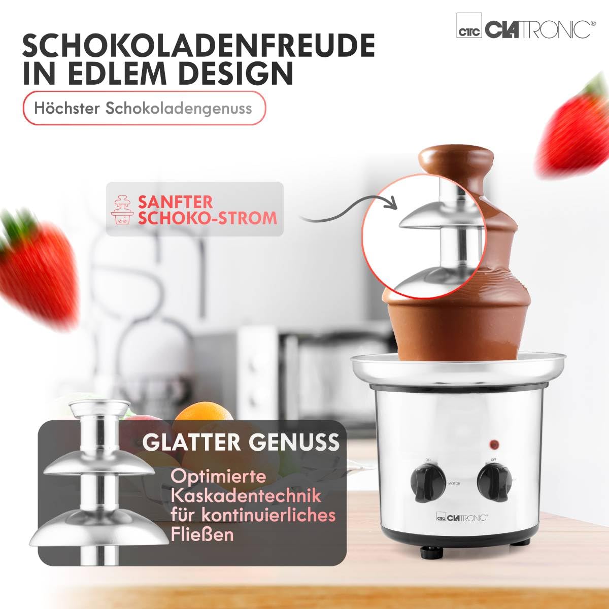 Clatronic® Fontaine à chocolat | pour fruits et pâtisseries | chocolat chaud et liquide pour brunch, fête, Noël, Nouvel An | bol de récupération profond + fontaine en acier inoxydable | SKB 3248
