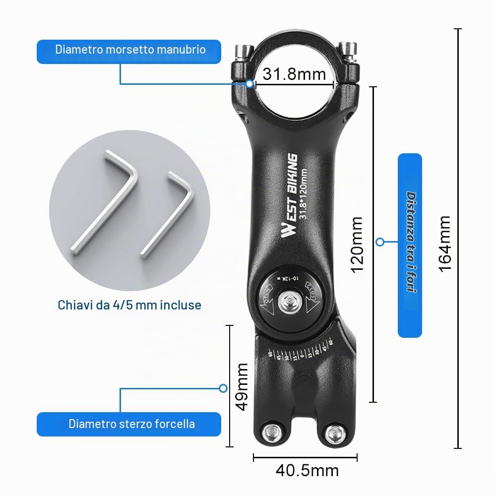Attacco Manubrio Regolabile in Alluminio – Compatibile con 25,4 mm e 31,8 mm, Inclinazione ±60°, Doppia Vite di Serraggio, per MTB, Bici da Strada ed E-Bike con Stelo da 28,6 mm