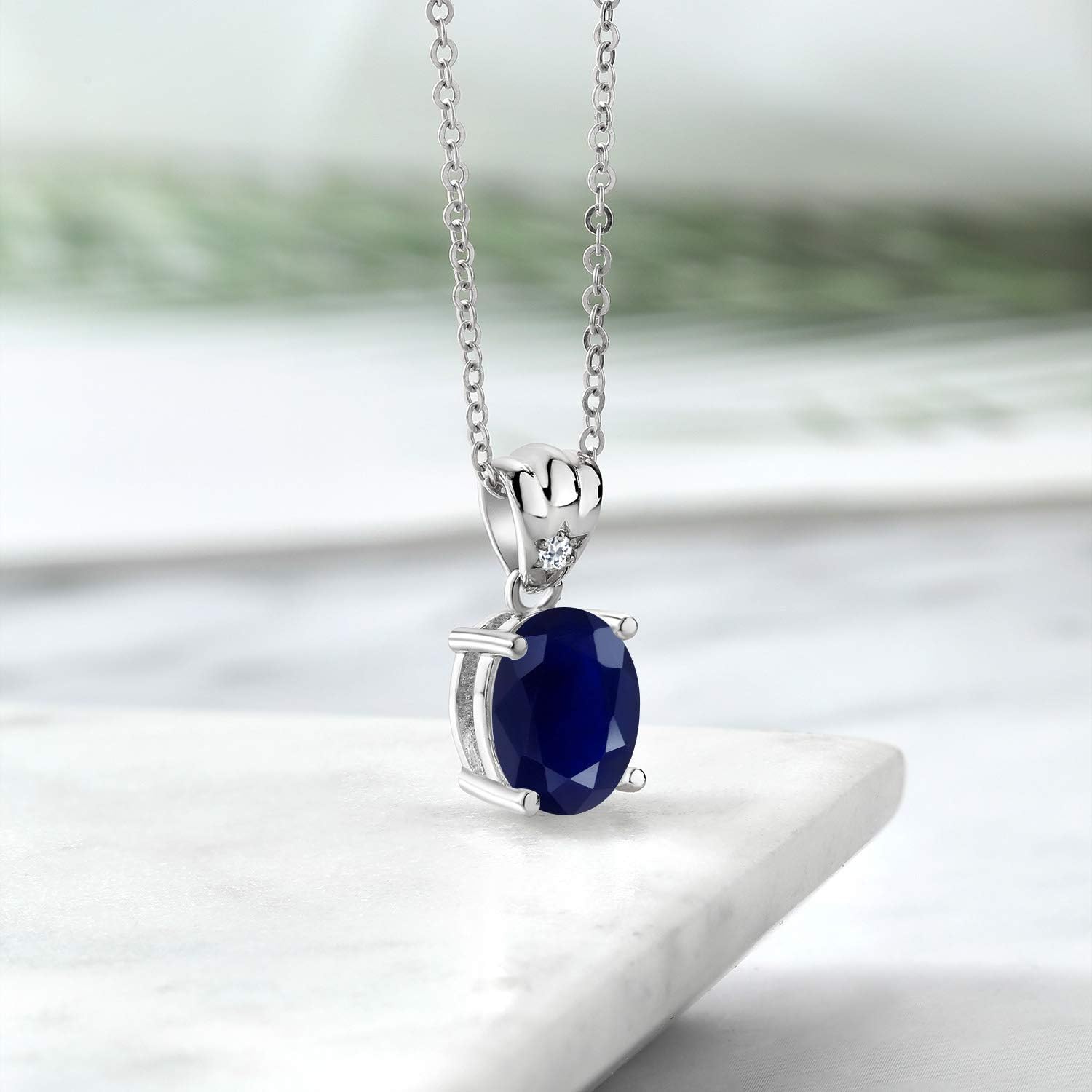 Gem Stone King 4.54 Cttw Blue Sapphire and White Topaz Pendant Necklace For Women | 925 Sterling Silver | Gemstone Birthstone | Oval 11X9MM | With 18 Inch Silver Chain - Image 4