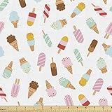 Ambesonne Ice Cream Fabric by The Yard, Cartoon Doodle Style Creamy Delicious Diary Desserts with Various Flavors, Decorative Fabric for Upholstery and Home Accents, 1 Yard, Blush Cream