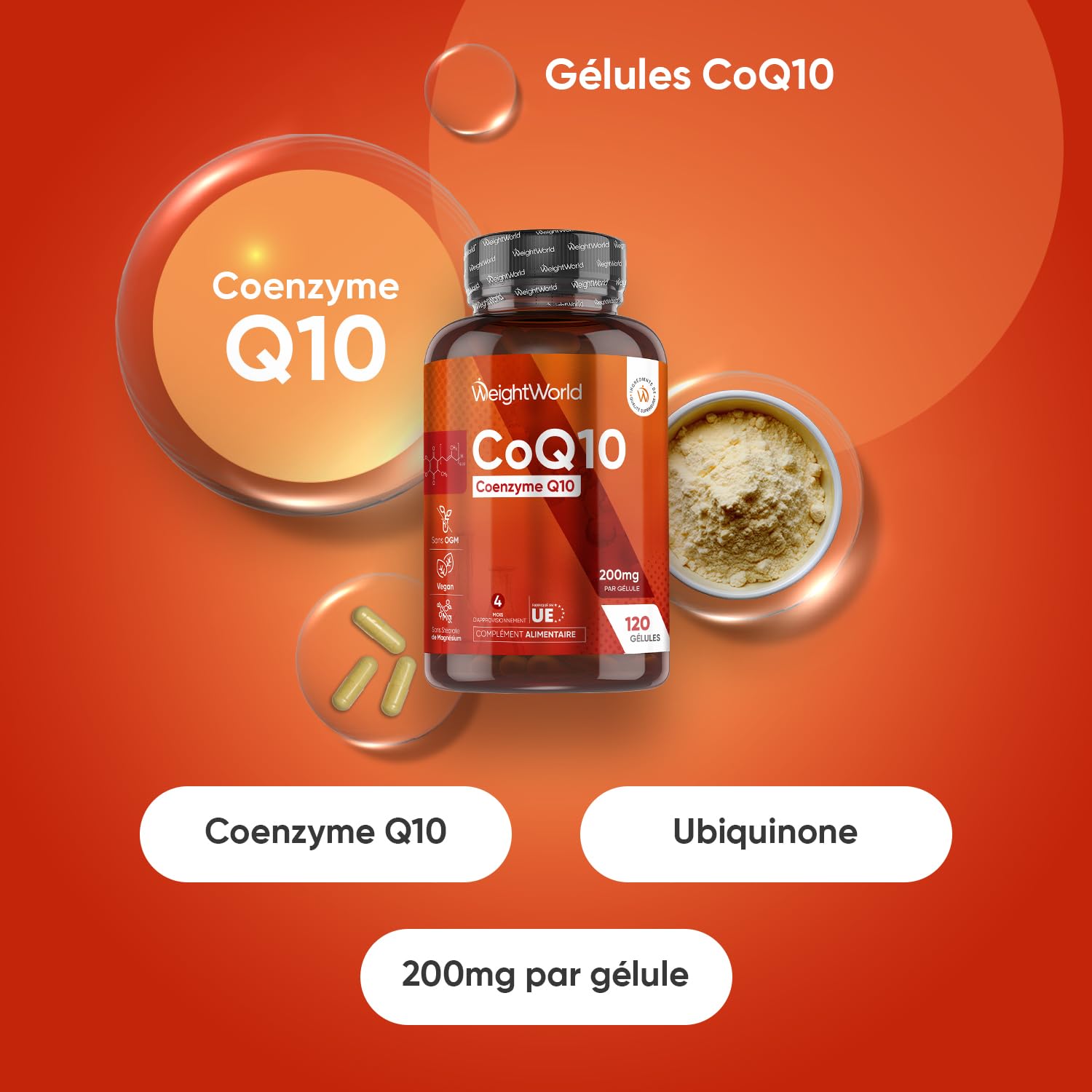 Coenzyme Q10 200mg, 120 Gélules Vegan, Ubiquinone CoQ10 Précurseur de l'Ubiquinol Q10 Coenzyme sans Gluten et sans Stéarate de Magnésium, pour 4 Mois d'Approvisionnement