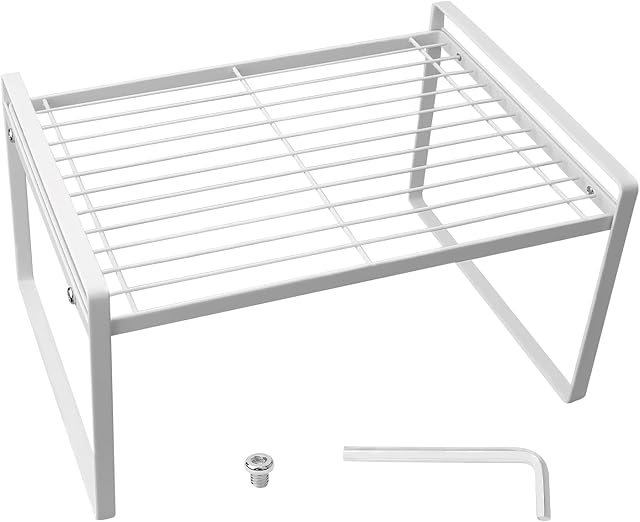 Kitchen Bedroom Cupboard Organiser Shelf, Countertop Rack Wire Shelf for Under Sink Storage Organization, with L-Wrench, White, Iron