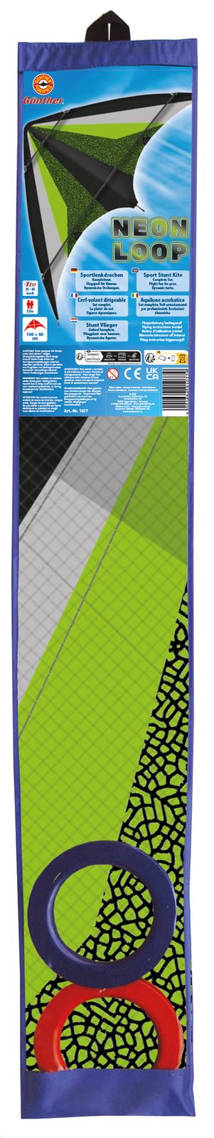 Günther Flugspiele 1077 - Cerf-Volant de Sport Neon Loop, env. 160 x 80 cm, cerf-Volant en Polyester Ripstop Robuste, pour Enfants à partir de 10 Ans, y Compris Cordes de Haute qualité