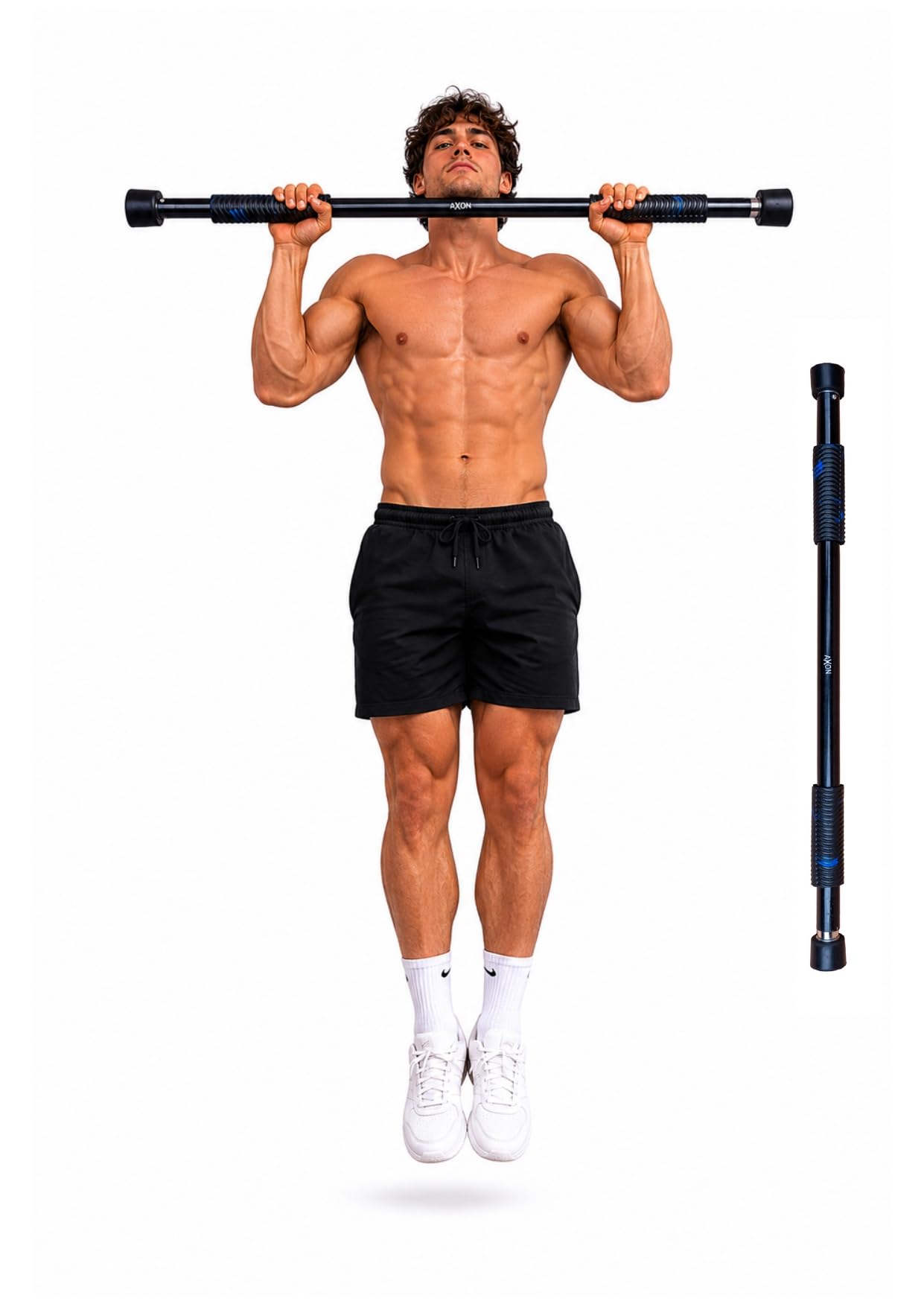 axon adjustable doorway pull up bar 77-100cm | heavy duty steel construction | no-drill installation | premium sweat-resistant cushioned grip | supports up to 120kg | home gym fitness equipment | black