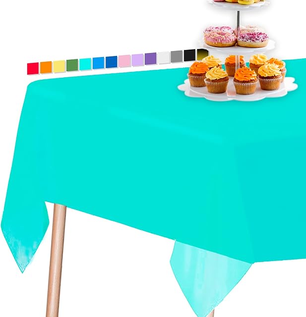 PartyWoo Prostokątny obrus na imprezę, niebieski (Aqua Blue), 137 x 250 cm, plastikowy obrus na stół od 15 do 20 cm, plastikowy obrus, wodoodporny obrus na imprezę, urodziny, ślub (1 opakowanie)