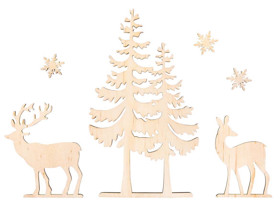 Rayher Fir Tree and Deer Wooden Shapes, Natural wood cutouts for Woodworks, Papercrafts and Decoration, 6 Piece Set