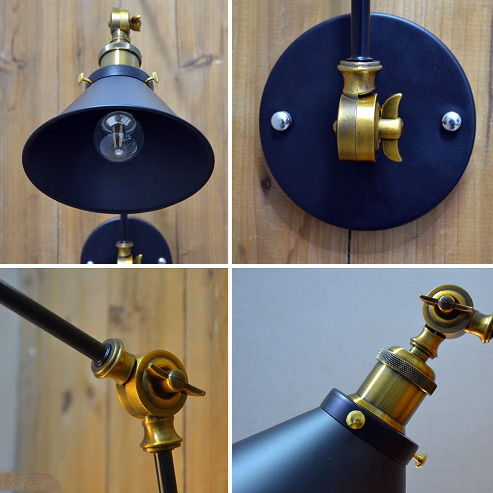 Schwarz Wandlampe mit Schalter, Verstellbar Metall Lange Arm Wandleuchte mit Kabel und Stecker Nachttischlampe Vintage Industriallampe Wand-Leselampe E27 Innen Retro Lampe für Schlafzimmer Wohnzimmer