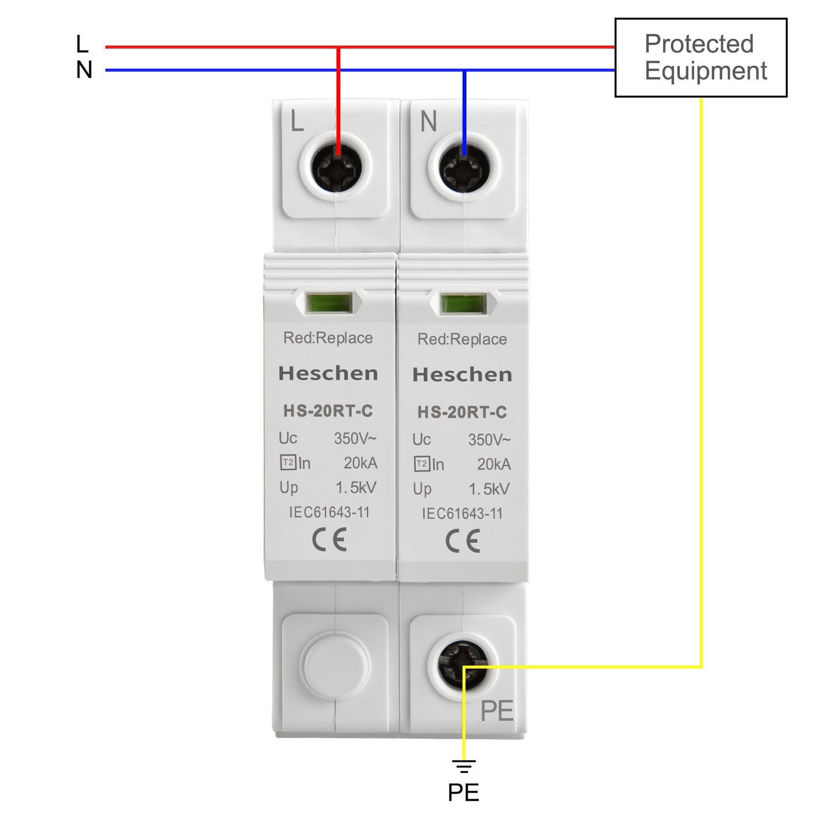 Heschen Surge Protective Device SPD, HS-20RT-C, 2P 350VAC 20KA, Built-in replaceable over current fuse, Low-Voltage Arrester - Image 3