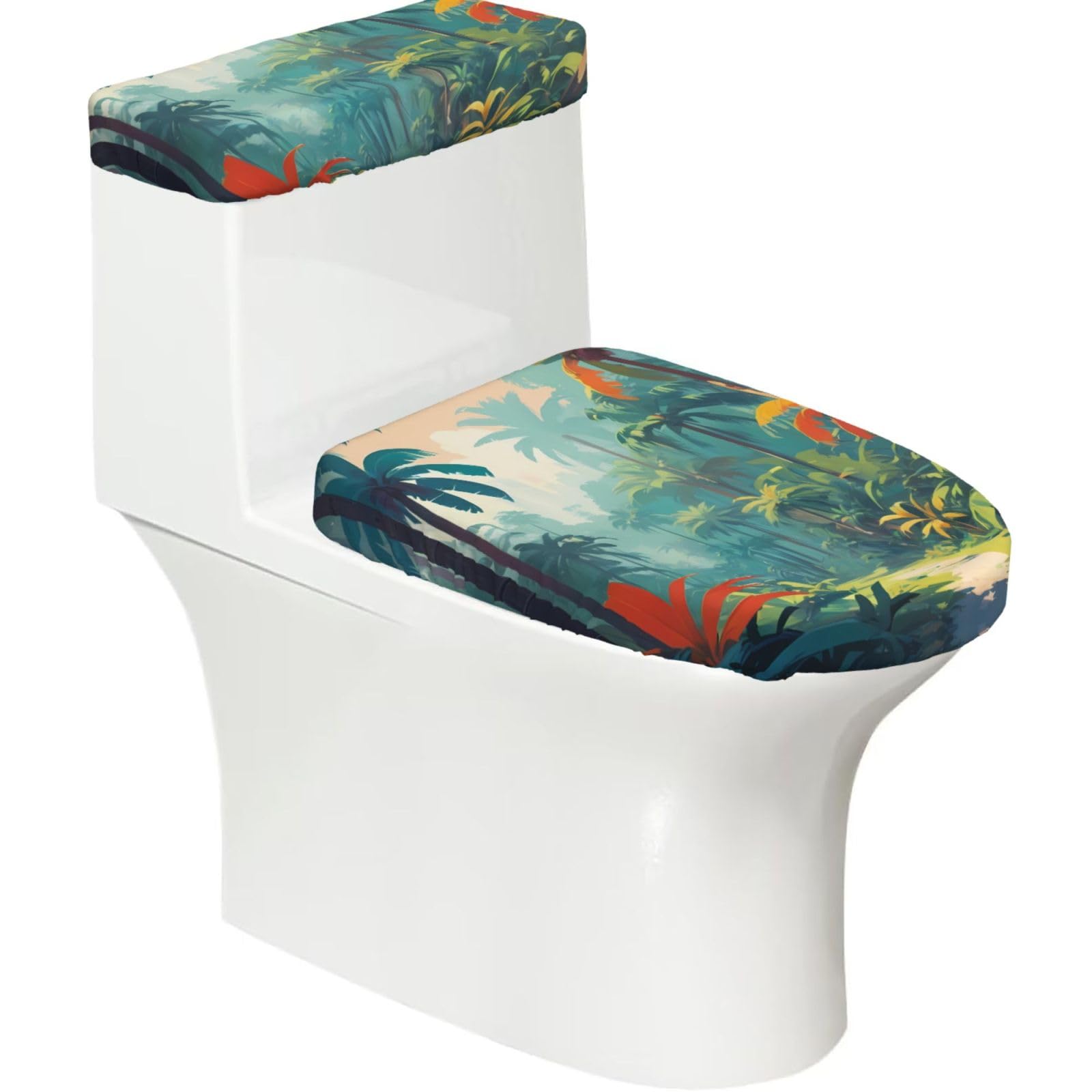 Retro Palm Jungle 2-Piece Toilet Seat Cover Set with Tank Lid, Elastic Fit for U-Shape & Elongated Toilets, Bathroom Decor, Housewarming Gift