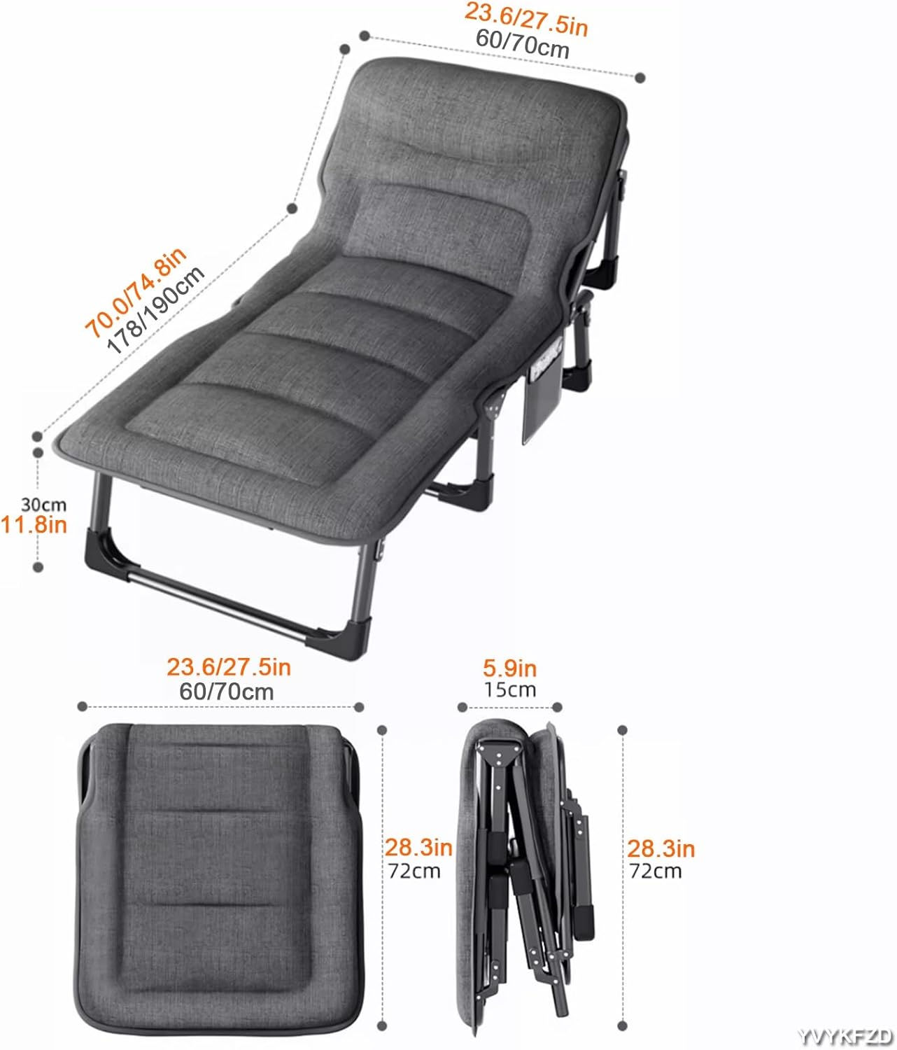 YVYKFZD Camping Cots for Adults, 4-Position Folding Camping Bed, Portable Sleeping Cots with Headrest Design and Side Pocket, Supports 352 lbs (Color : Dark Gray)