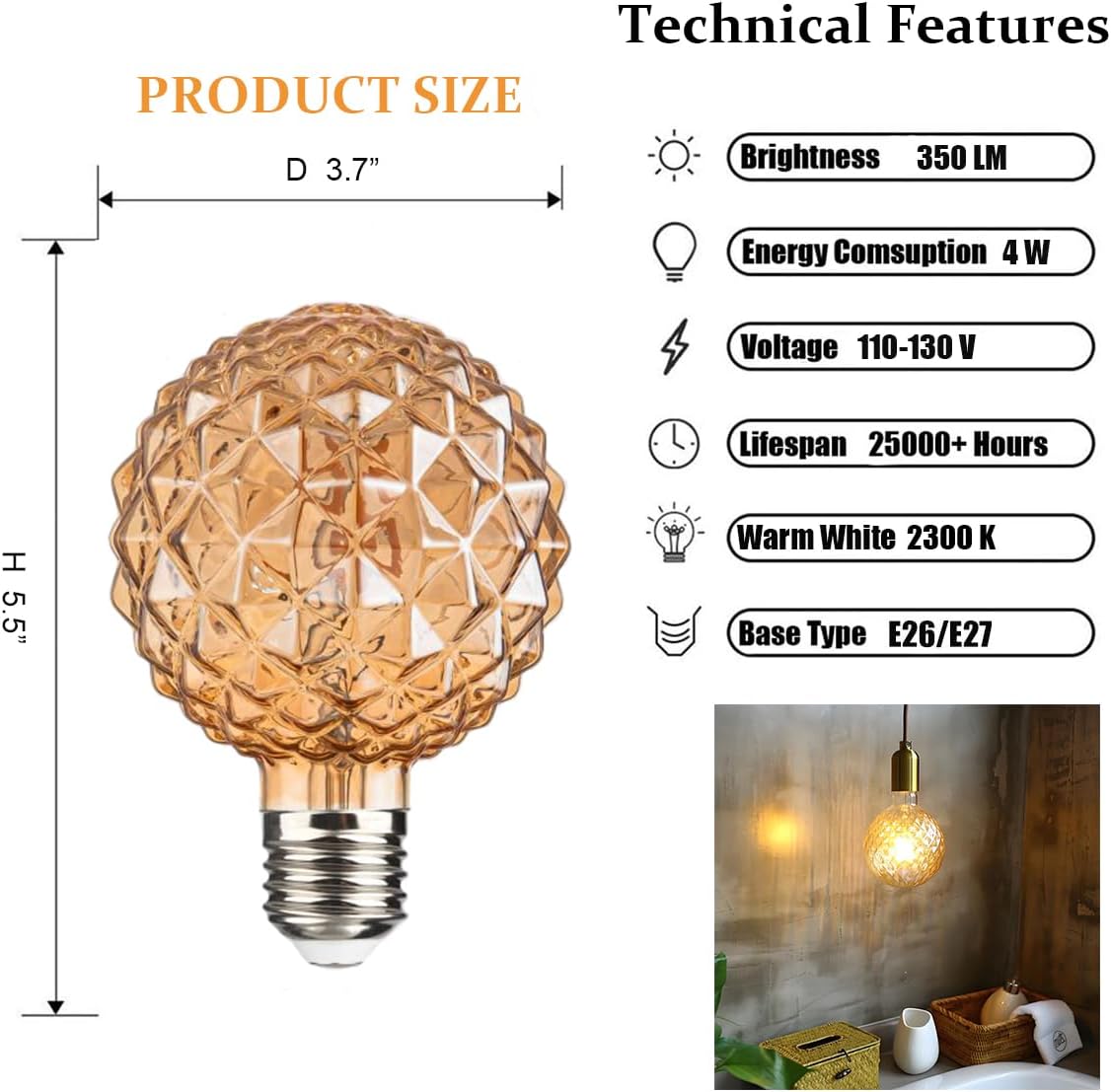 KLED LED Vintage Edison Bulb, Dimmable, G30 G95 4W (40W Equivalent), LED Filament Bulb, 350 Lumen, 2200K (Warm White), Medium Base E26, Pineapple Bulb, UL-Listed, 6 Pack