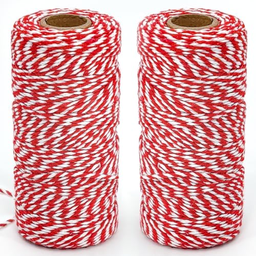 200 m cordoncino cotone, 2 rotoli spago rosso e bianco,spago natalizio, spago per decorazioni，per Cucina Cottura Natale Confezionamento Regalo