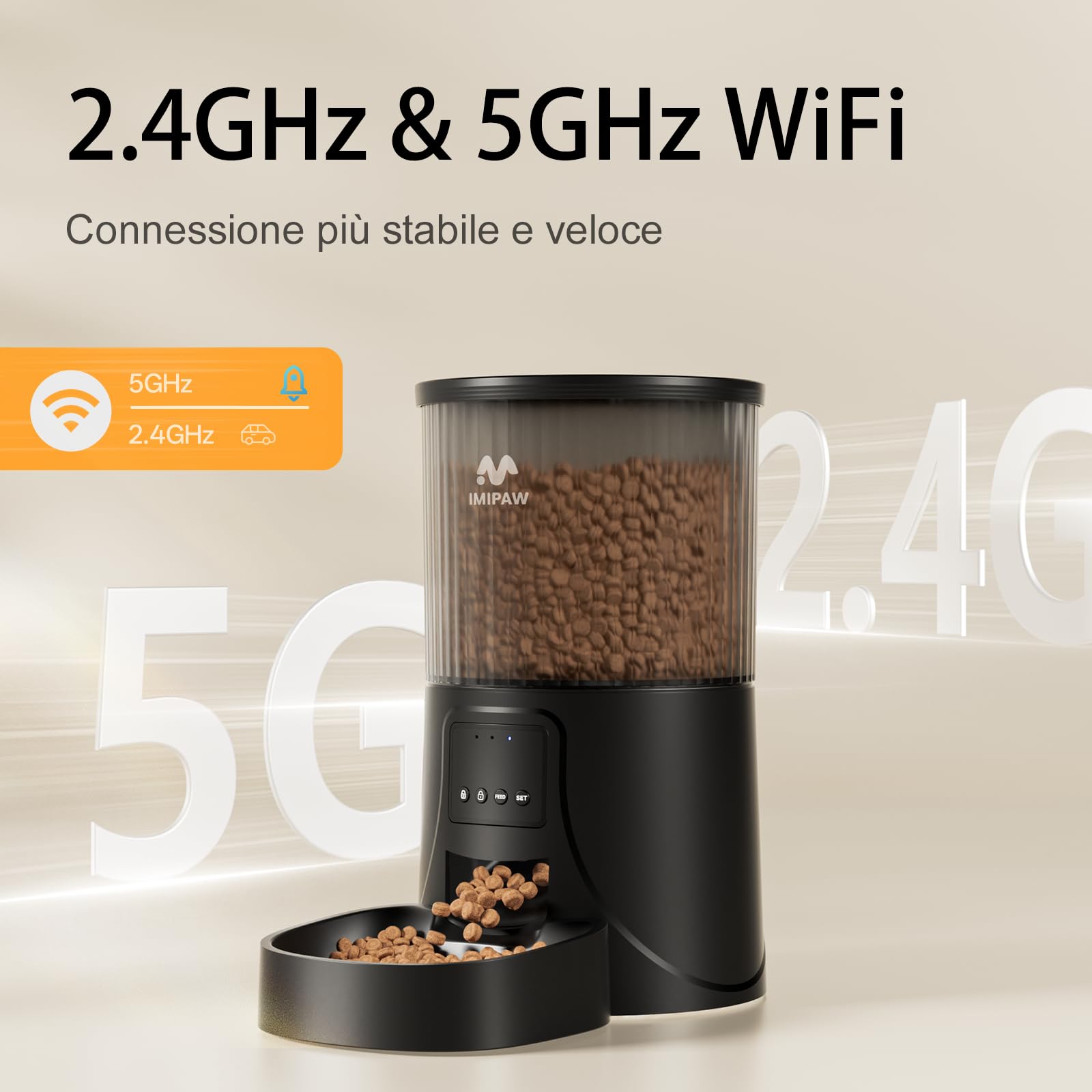 IMIPAW Distributore Automatico Cibo Gatti, Controllato da APP, 2.4G | 5G WiFi Alimentazione a Distanza, 10 Pasti al Giorno, 4L Dispenser Cibo Secco per Animali Di Piccola e Media Taglia (Nero, 4L)