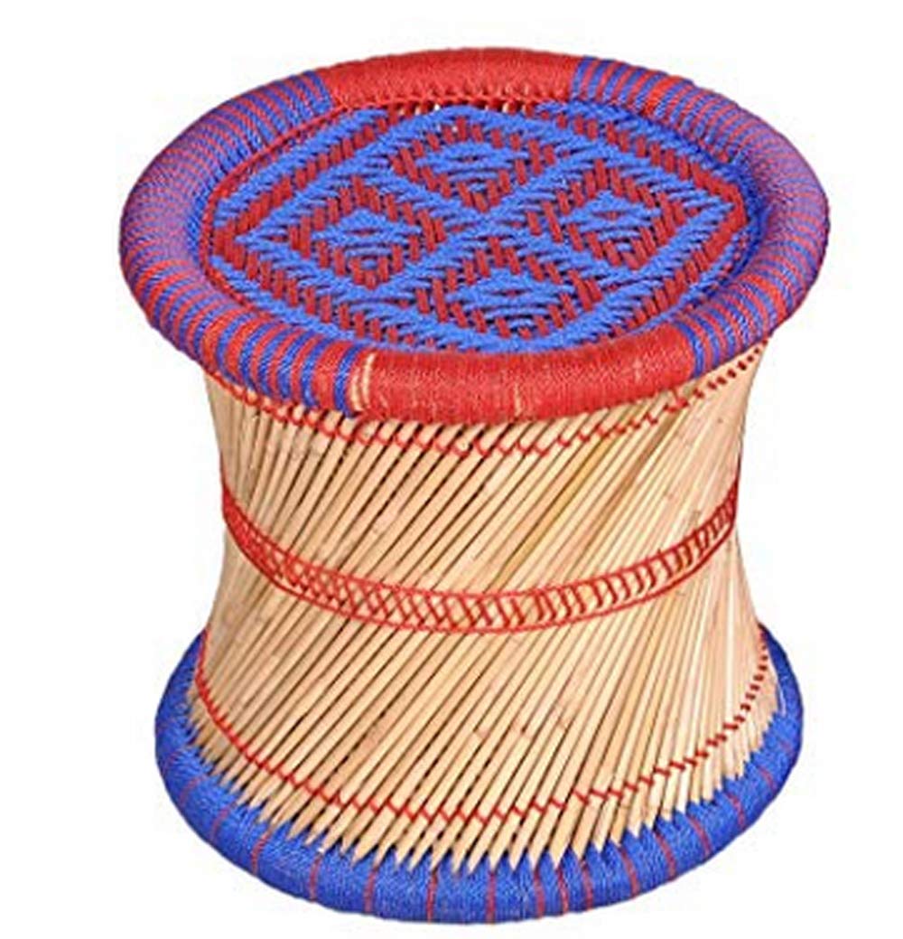 KSM Anupam Enterprises Eco Friendly Handicraft Cane Bar Bamboo Chair/Stool/Muddha/Mudda for Outdoor/Indoor/Furnishing/Color: Multicolored 1 Piece (14 inch Height)