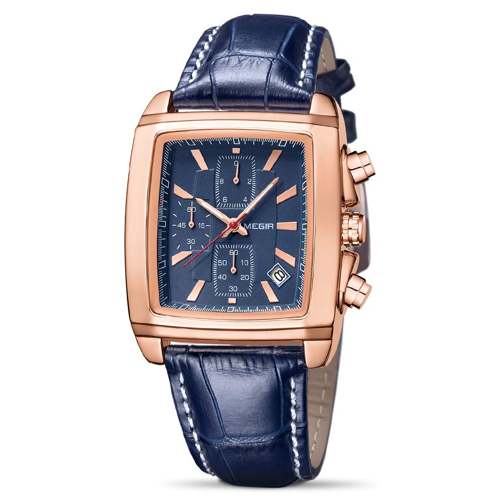 MEGIR Men's Business Analog Chronograph Luminous Rectangle Quartz Watch with Stylish Leather Strap for Sport & Work