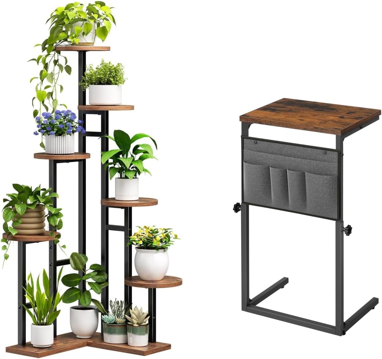 HOOBRO Corner Plant Stand Indoor and C Shaped End Table, 7-Tier P, 7-Tier Plant Shelf for Multiple Indoor Plants, Adjustable Side Table for Sofa, Couch Table that Slide Under, BF02HJ01-BF77SF01