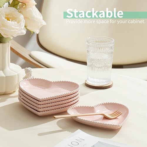 Miniatura 6 de OMAYKEY Platos de cerámica de postre de 6.3 pulgadas, platos pequeños de ensalada, platos de porcelana en forma de corazón, platos llanos para
