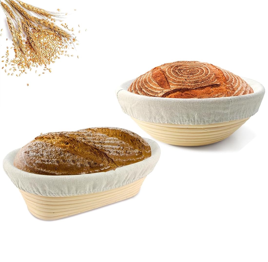 GoldenLike Banneton Bread Proofing Basket，2 Pcs Natural Rattan Proofing Baskets with Cloth Liner，Round Sourdough Proofing Basket，for Baking Starter and Home Bakers (Round 9'' & Oval 10'')