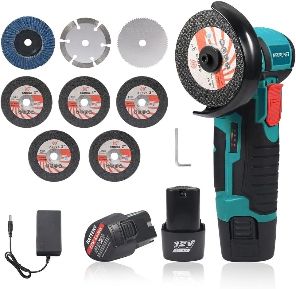 12V Mini Cordless Angle Grinder, 3-Inch Compact Power Cut-Off Tool with Brushless Motor, 19500 RPM, 2Pcs 1.5Ah Batteries and 8Pcs Cutting Wheels for Metal Polishing, Wood Cutting, Blue