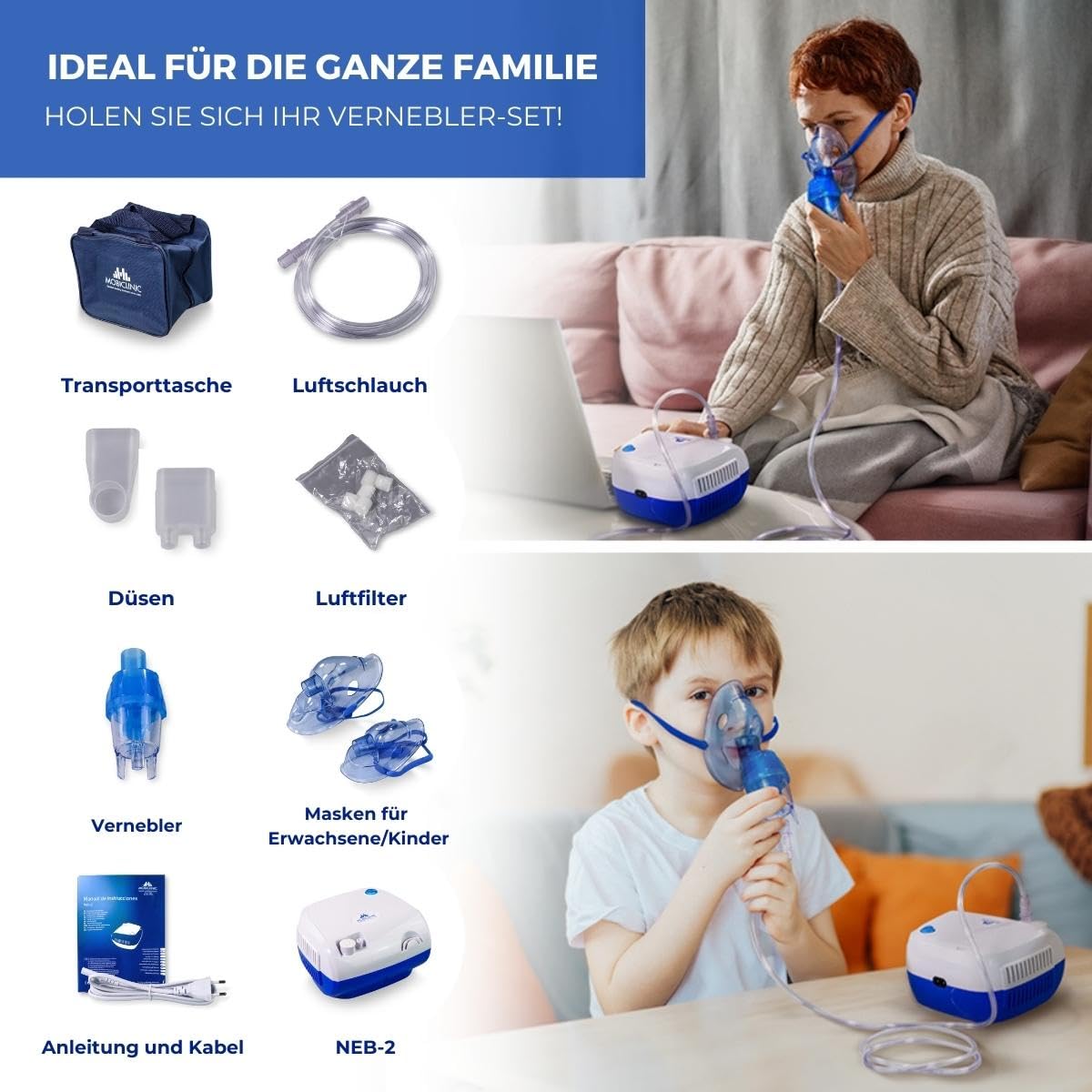 Mobiclinic®, Kompressor-nebulizer, Neb-2, Tragbar, Für kinder und erwachsene, Transporttasche, Mini, Behandlung von atemwegserkrankungen, Masken in verschiedenen größen, 5 luftfilter