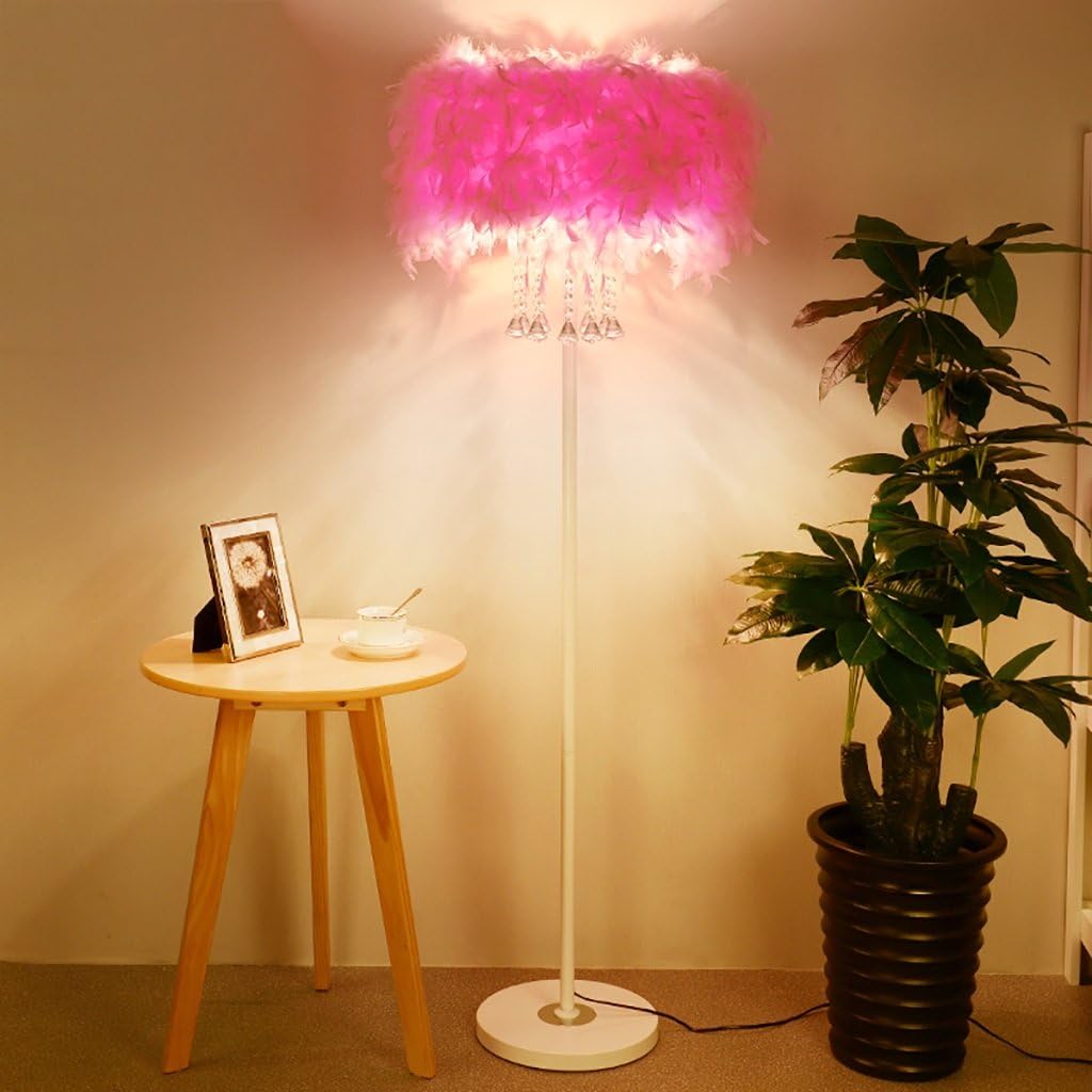 Floor lamp bedroom Crystal Feather Floor Lamp bed vertical lamp Foot switch LED floor lamp（ Size: Diameter 33CM * Total height 150CM） floor standing lamps (Color : Pink)