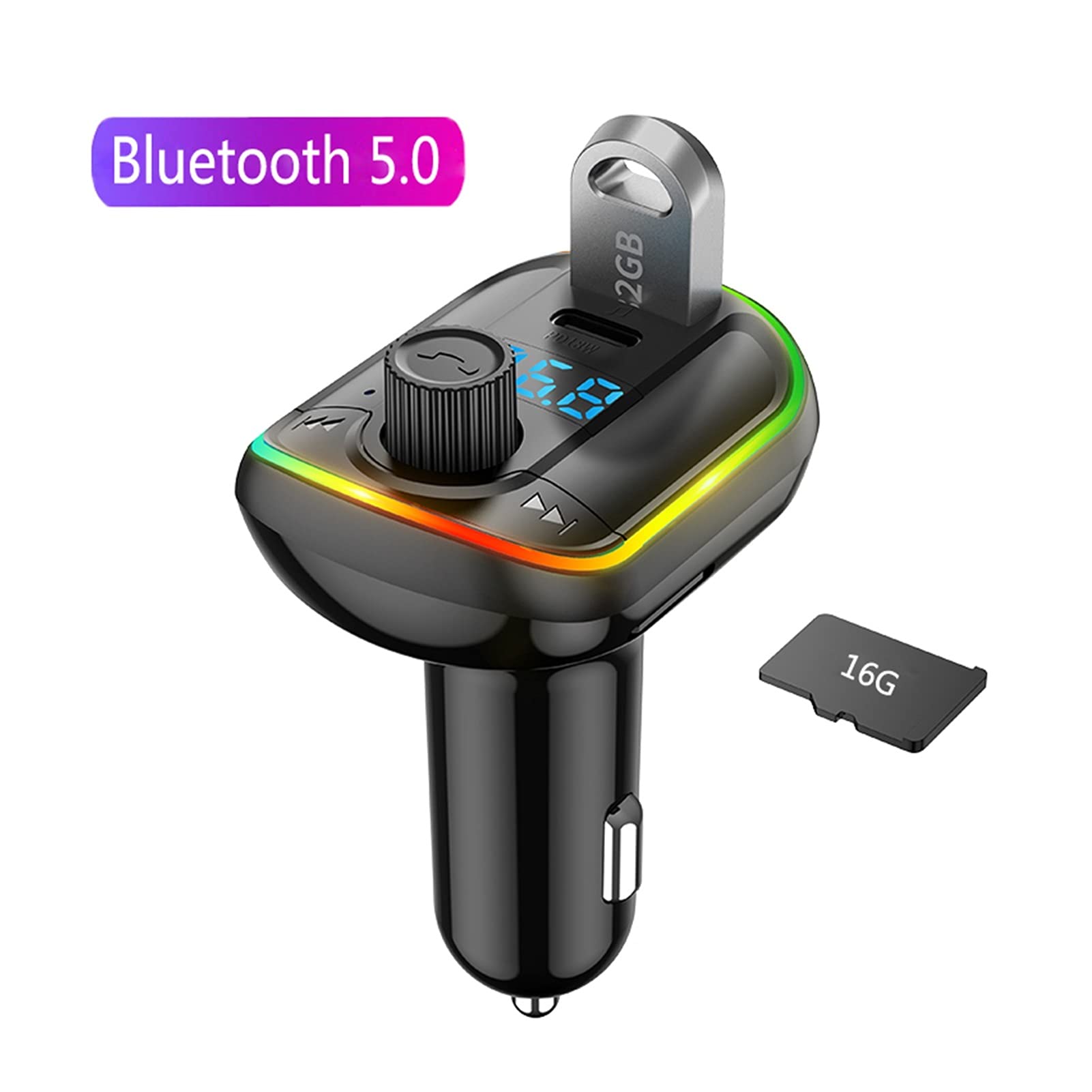 Adaptateur Audio Bluetooth FÉMININ Kit de Voiture de transmetteur Mains Libres sans Fil Bluetooth 5.0 MP3 Joueur USB PD 18W Chargeur Rapide Mains Libres atmosphère colorée lumières