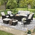 Aoxun 12-Piece Patio Furniture Set with 44'' Fire Pit Table, Luxury Outdoor Patio Furniture Set with 360° Swivel Chairs, Patio Conversation Set for Backyard, Poolside & Garden, Black/Beige