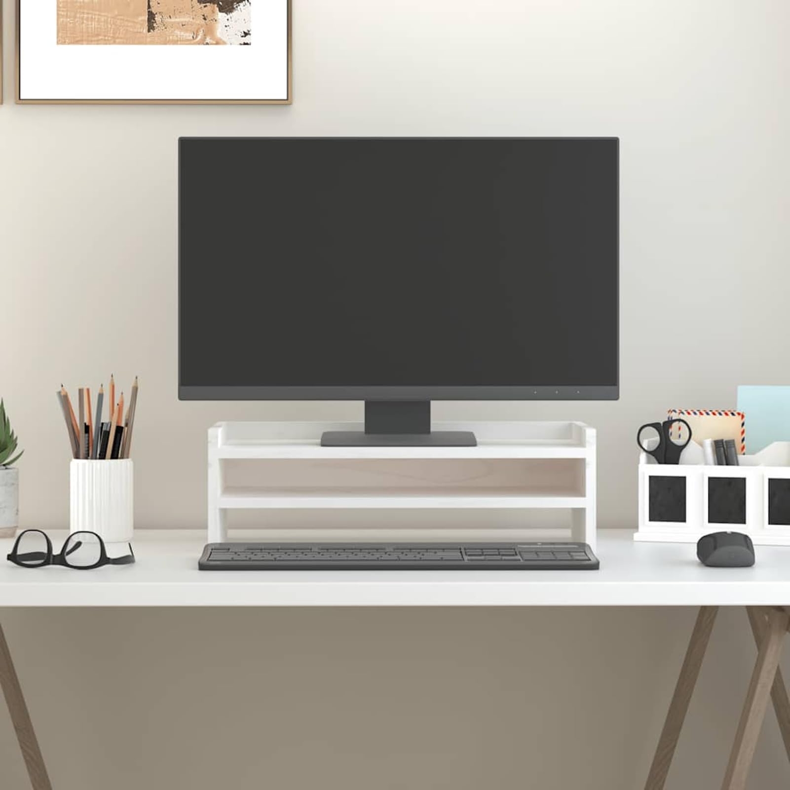 Homgoday Supporto per Monitor in Legno Massello di Pino Bianco, 50x24x16 cm, Design Minimalista, Spazio Portaoggetti, Allevia Dolore al Collo