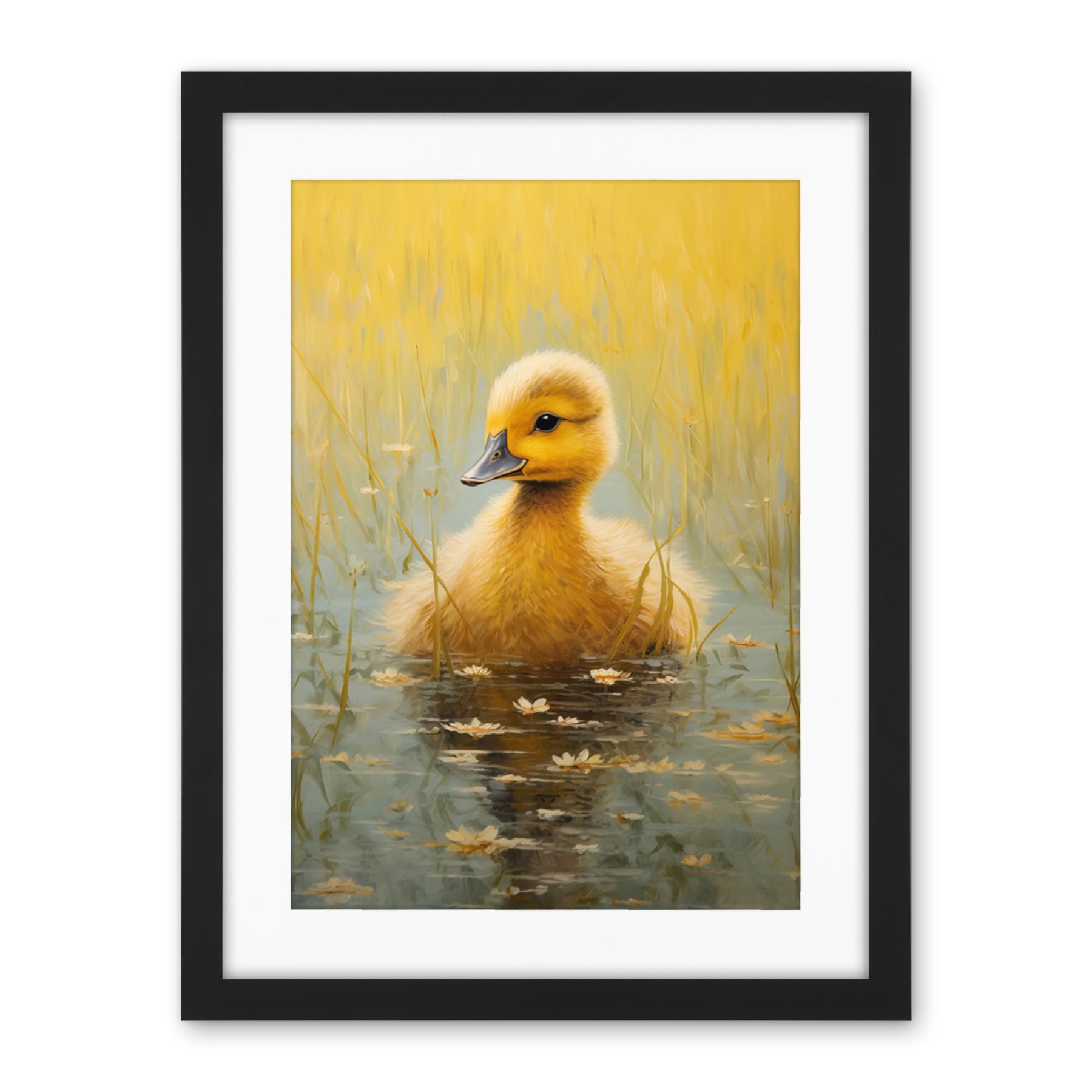 Artery8 Cute Yellow Ducking in Countryside Pond Oil Painting Kids Bedroom Baby Duck Bright Artwork Framed Wall Art Print 18X24 Inch