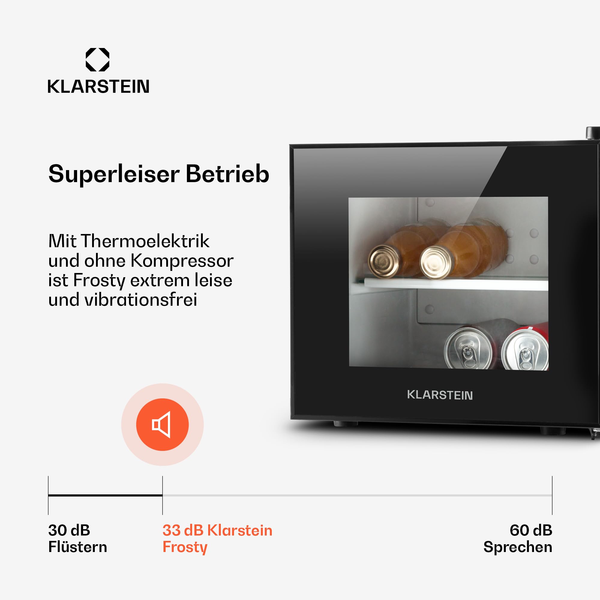 Klarstein Frosty Mini-Kühlschrank - kompakte Minibar mit Thermoelektrischem Kühlsystem, freistehend, 10 Liter Fassungsvermögen, Kühlung: 12-18 °C, schwarz, 33,4 x 30,3 x 31,5 cm (BxHxT)