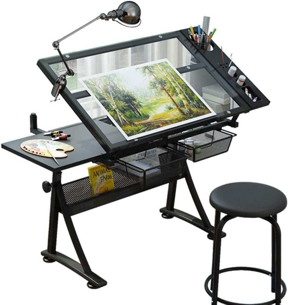 Adjustable Drafting Desk with Storage Large Tiltable Craft Table for Home Office Art W