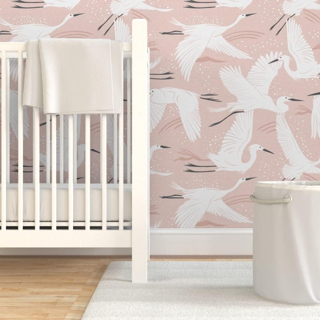 Spoonflower Peel & Stick Wallpaper 3ft x 2ft - Blush Pink Crane Bird Vintage Nature Birds Animals Custom Removable Wallpaper