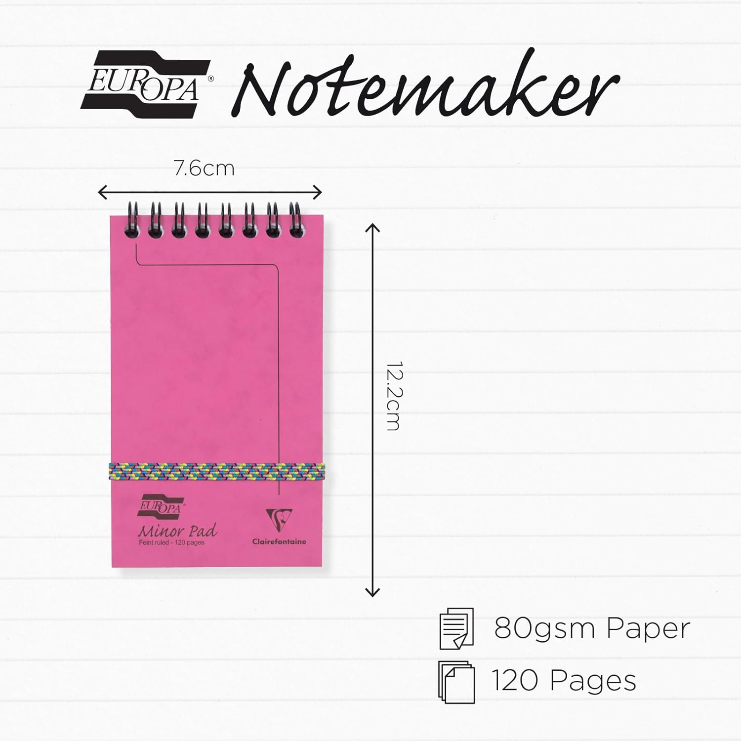 Clairefontaine 3151Z - Set of 20 Minor Pad Europa Spiral Notepads - 7.6x12.2 cm - 120 Detachable Lined Pages - 90 g White Paper - Glossy Card Covers - Random Colours