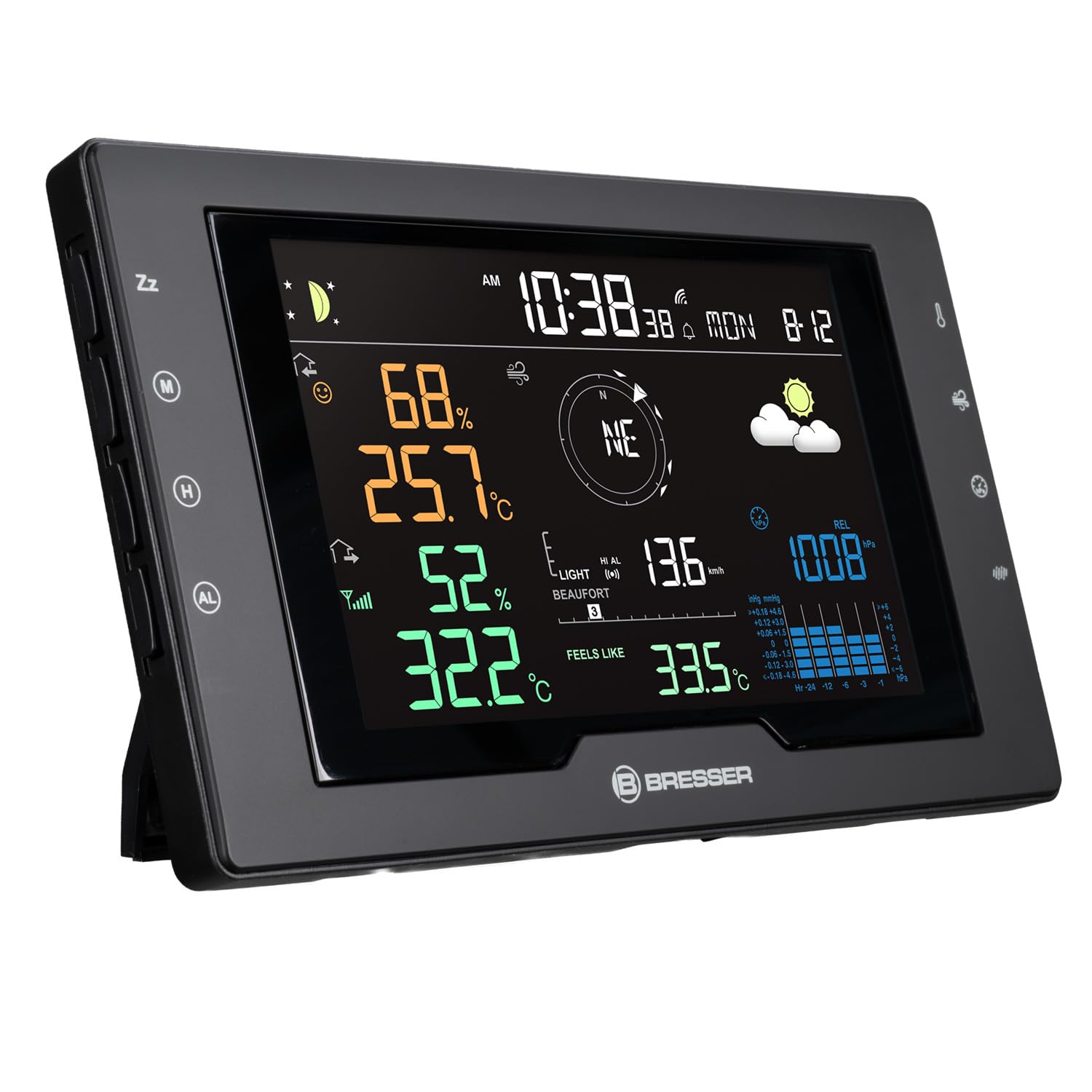 Bresser Azores Stazione meteo professionale con sensore esterno 5 in 1 | Temperatura interna ed esterna, umidità, pluviometro, anemometro, previsioni meteo, avviso gelo, scala Beaufort