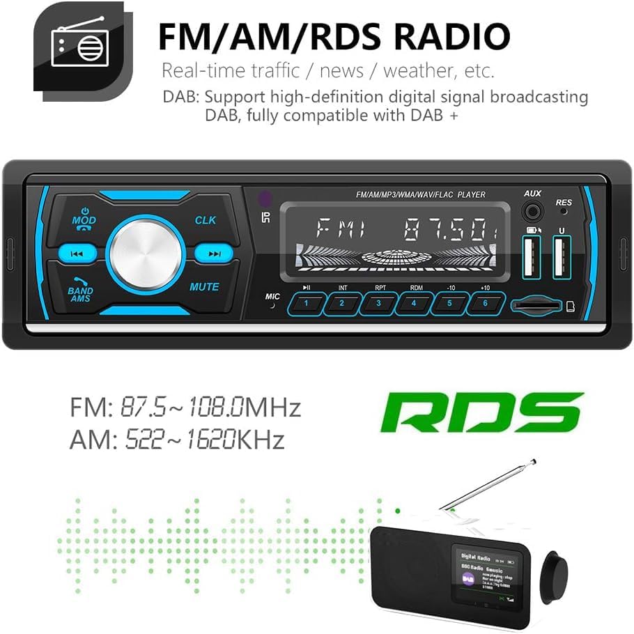 CAMECHO car radio front panel displaying FM radio frequency 87.50 MHz, with RDS logo and frequency ranges