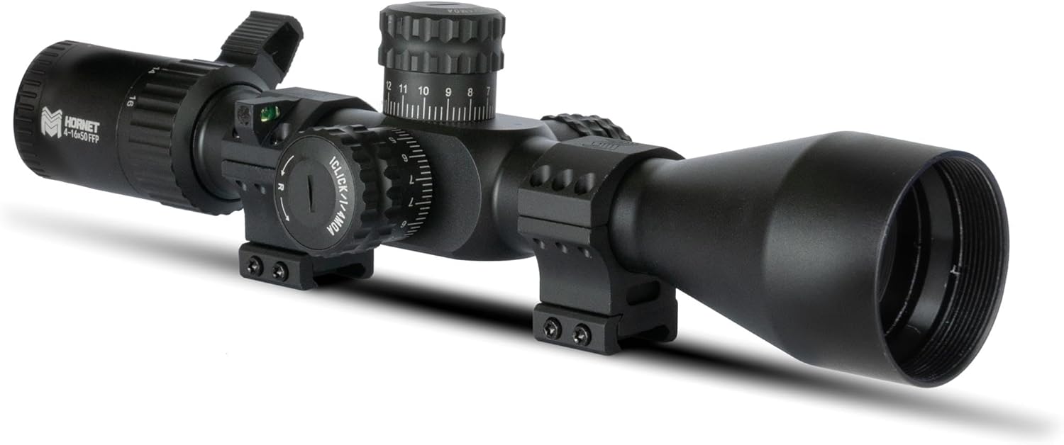 Monstrum Hornet 4-16x50 FFP Rifle Scope | Includes Zero Stop, Bubble Level Scope Rings, and Detachable Sunshade